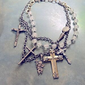 Artisan double cross necklace with clear beads Saints and angels. Choker.